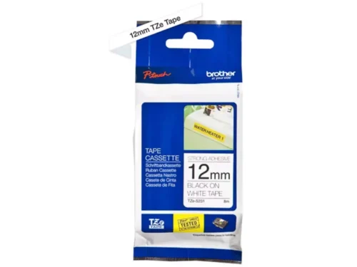 De Brother TZE-S231 is een zwarte op witte TZ-tape van 1,2 cm breed en 8 meter lang, geschikt voor een