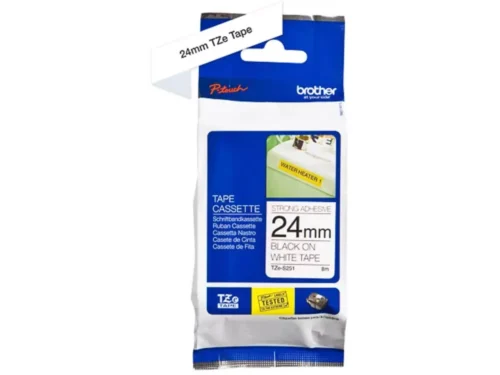 Brother TZE-S251 is een duurzame labeltape met zwart-op-wit afdruk, ideaal voor duidelijke en professionele etiketten. Met een breedte van 2,4