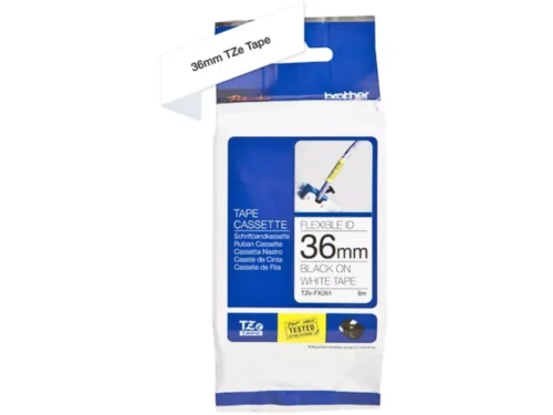 De Brother TZE-FX261 is een labeltape van 3,6 cm breed met zwarte tekst op een witte achtergrond, ideaal voor duidelijke