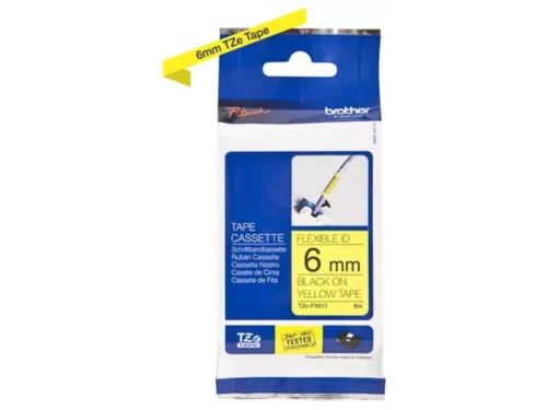 De Brother TZE-FX611 is een duurzame TZe-tape van 6 mm breed met zwarte tekst op gele achtergrond, ideaal voor duidelijke