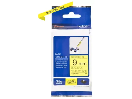 De Brother TZE-FX621 is een duurzame tape met zwarte tekst op gele achtergrond, ideaal voor duidelijke en professionele labels. Deze