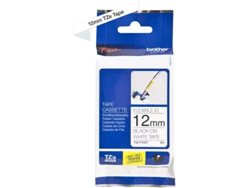 De Brother TZE-FX231 tape biedt heldere zwart-op-wit labels van 1,2 cm breed en 8 m lang, ideaal voor diverse Brother