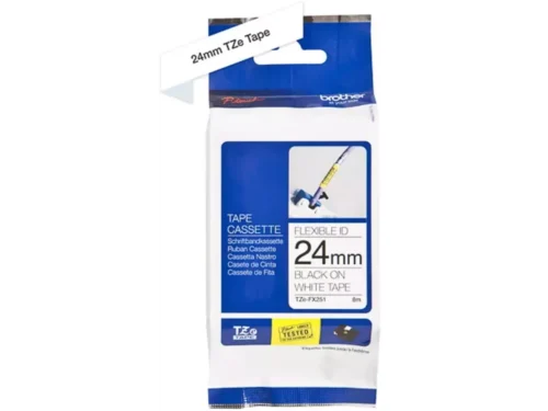 De Brother TZE-FX251 is een duurzame labeltape van 2,4 cm breed met zwarte tekst op witte achtergrond, ideaal voor strakke
