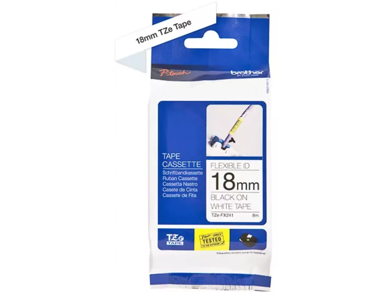TZEFX241 Brother PT labeltape 18mm wit zwart 8 meter gelamineerd Brother TZE-FX241 is een zwarte-op-witte TZ-tape van 1,8 cm breed en 8 meter lang, ideaal voor duidelijke, duurzame labels. Deze
