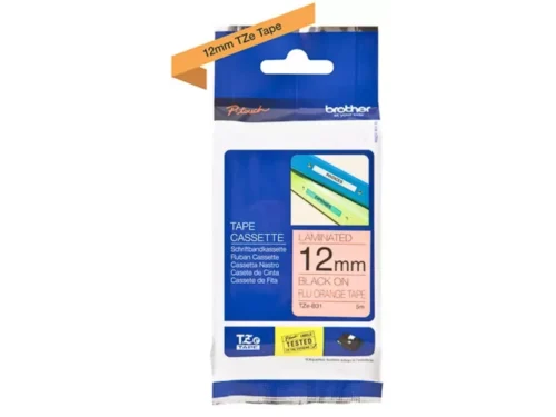 De Brother TZE-B31 is een TZe-tape van 1,2 cm breed met zwart op fluorescerend oranje, ideaal voor opvallende en duidelijke