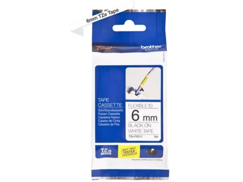 De Brother TZE-FX211 is een duurzame TZe-tape met zwarte opdruk op witte achtergrond, ideaal voor scherpe en professionele labels. Met