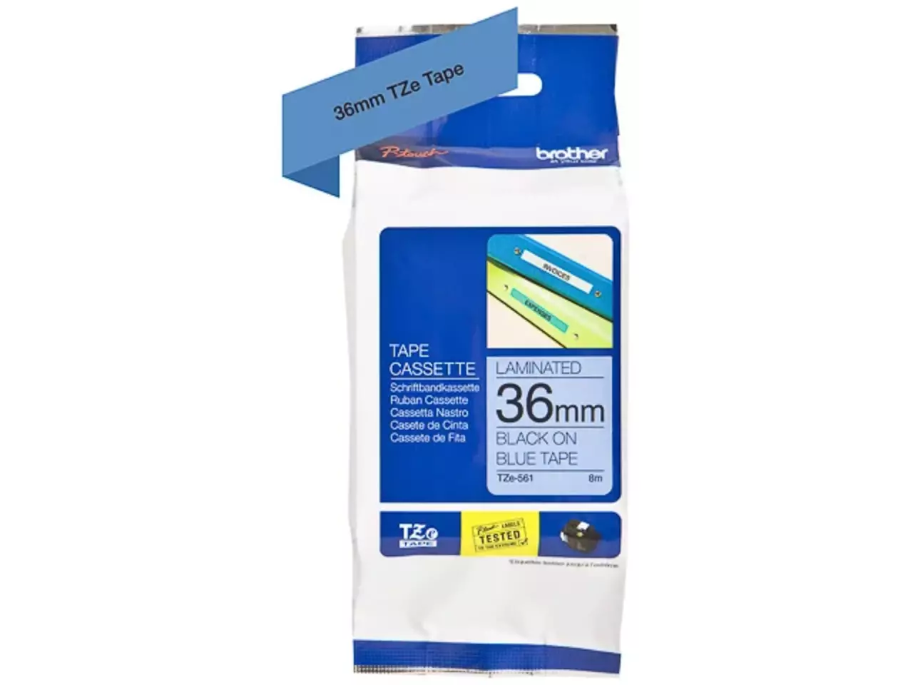 TZE561 Brother PT labeltape 36mm blauw zwart, 8 meter gelamineerd Brother TZE-561 is een duurzame TZe-tape met zwart op blauw, ideaal voor duidelijke en professionele labels. Met een breedte van