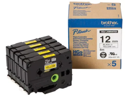 De Brother HGE-631V5 is een zwarte labeltape die geschikt is voor diverse Brother P-touch labelprinters, waaronder de 9500 PC, 9700