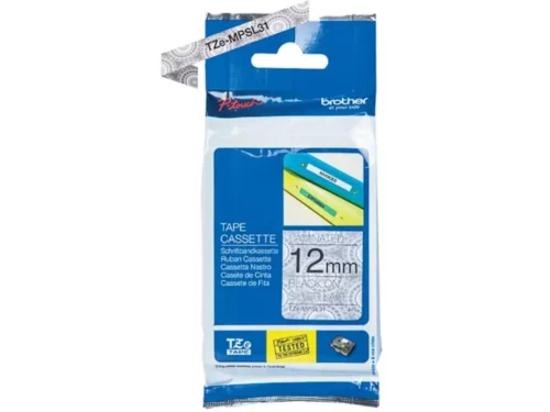 Brother TZE-MPSL31 is een labeltape met zwarte opdruk op zilverkleurig lint, ideaal voor heldere en professionele labeling. Dankzij de breedte