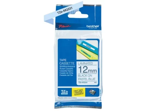 Brother TZEMQ531 is een praktische TZe-tape met zwarte tekst op blauwe achtergrond, ideaal voor duidelijke en professionele labels. Met een