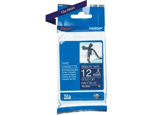 Brother TZE-RN34 is een stijlvolle TZe-tape met gouden tekst op navyblauw, ideaal voor duidelijke en professionele labels. Met een breedte