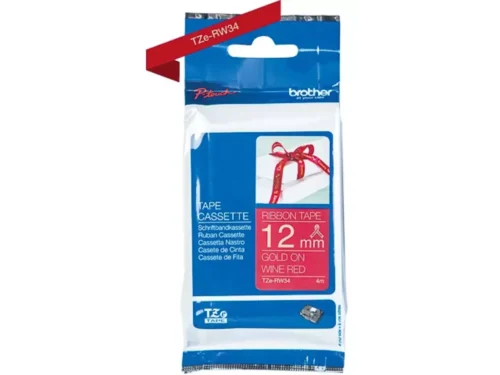 Brother TZE-RW34 is een stijlvolle TZe-tape met goud op rood, ideaal voor duidelijke en professionele labels. Met een breedte van