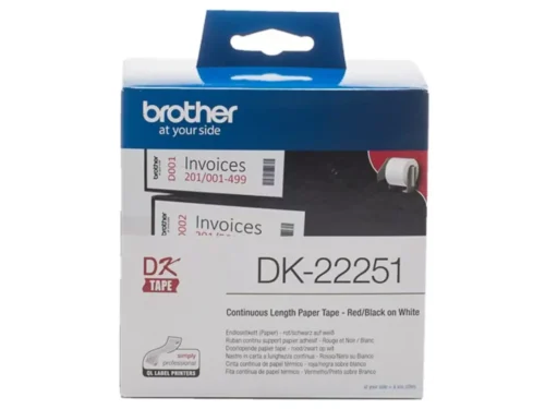 De Brother DK-22251 is een hoogwaardige labeltape met zwart en rood op wit, ideaal voor duidelijke en professionele etiketten. Met