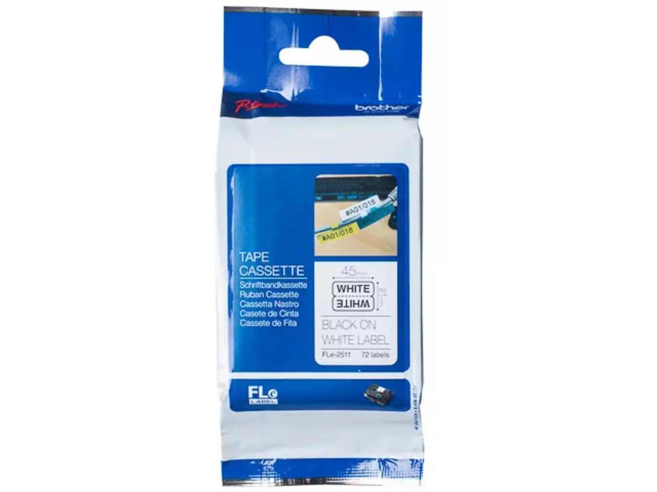 FLE2511 Brother PT Vlagetiketten 21x45mm wit zwart 72 stuks single Brother FLE2511 is een zwarte-op-witte labelcassette met 72 labels per verpakking, ideaal voor duidelijke en professionele etikettering. Deze tape van