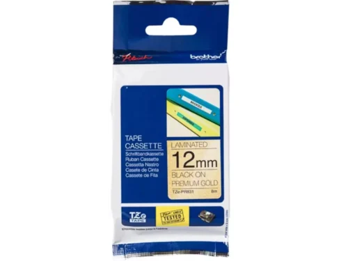 Brother TZE-PR831 is een stijlvolle TZe-tape met zwart-op-goud opdruk, ideaal voor duidelijke en professionele labels. Met een breedte van 1,2