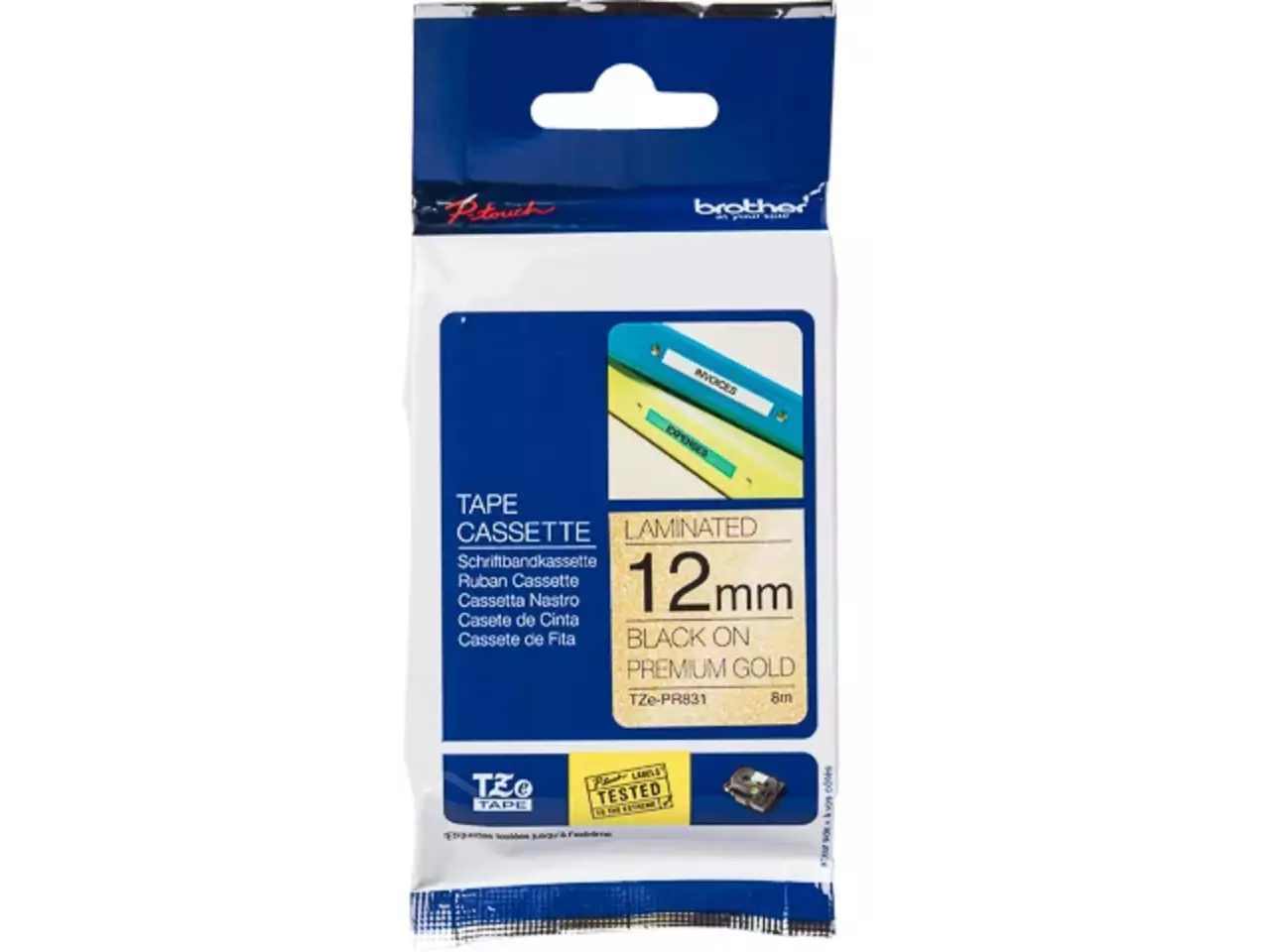 TZEPR831 Brother PT labeltape 12mm zwart goud 8 meter gelamineerd Brother TZE-PR831 is een stijlvolle TZe-tape met zwart-op-goud opdruk, ideaal voor duidelijke en professionele labels. Met een breedte van 1,2