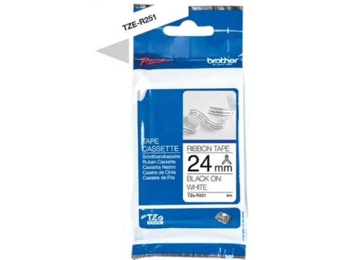 Brother TZE-R251 is een handige TZe-labeltape met zwarte tekst op een witte achtergrond, ideaal voor duidelijke en professionele etiketten. Met