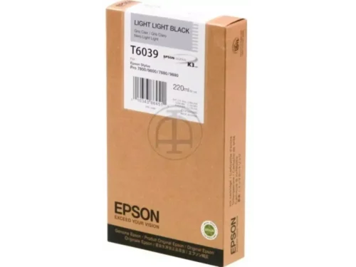 De Epson inktpatroon Light Light Black T603900 220 ml levert hoogwaardige pigmentinkt voor scherpe, professionele afdrukken met een natuurlijke grijstint.