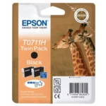 De Epson Giraffe Dubbelpack Inktpatroon Black T0711H biedt betrouwbare zwarte pigmentinkt voor scherpe afdrukken en is geschikt voor een brede