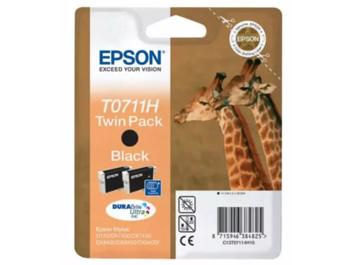 De Epson Giraffe Dubbelpack Inktpatroon Black T0711H biedt betrouwbare zwarte pigmentinkt voor scherpe afdrukken en is geschikt voor een brede