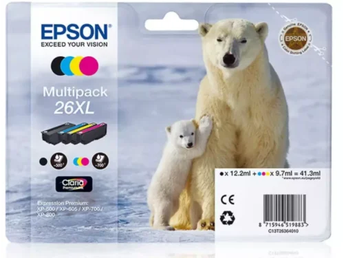 De Epson Polar bear 26XL Ijsbeer Claria Premium multipack biedt heldere, duurzame afdrukken met pigmentgebaseerde inkt in zwart, cyaan, magenta