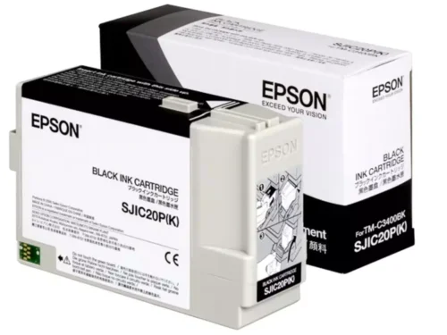 De Epson SJIC20P(K) inktcartridge voor de TM-C3400BK levert scherpe, duurzame zwarte afdrukken dankzij de pigmentgebaseerde inkt en hoge capaciteit van