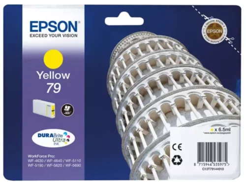 De Epson Tower of Pisa Singlepack Yellow 79 DURABrite Ultra Ink levert heldere, duurzame gele afdrukken met pigmentinkt en normaal