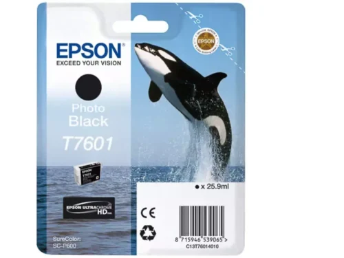 De Epson T7601 fotozwart is een originele pigmentinktcartridge voor de Epson SureColor SC-P600, met 25,9 ml zwarte inkt voor scherpe,