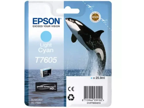 De Epson T7605 lichtcyaan is een pigmentgebaseerde inktcartridge in enkele verpakking, met 25,9 ml cyaan inkt voor haarscherpe afdrukken. Deze