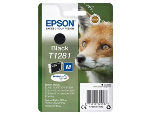 De Epson Fox T1281 zwarte inktcartridge levert scherpe, duurzame afdrukken met pigmentinkt en een opbrengst van ongeveer 185 pagina’s. Deze