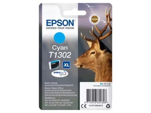 De Epson Stag T1302 Hert DURABrite Ultra cyaan inktcartridge levert heldere, duurzame afdrukken met een hoge opbrengst van 765 pagina’s.