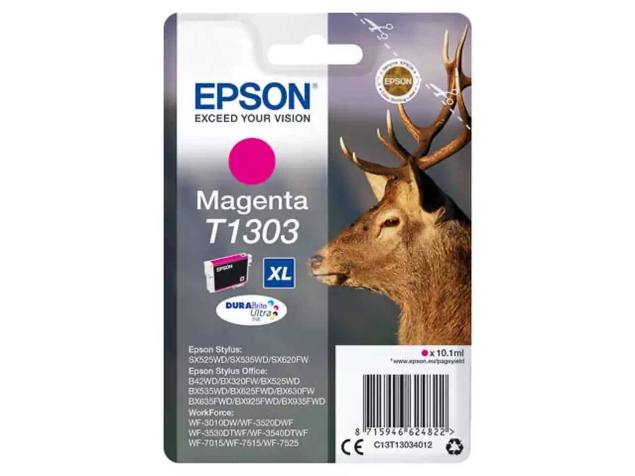 C13T13034012 Epson T1303XL BX inkt magenta hc 580 pagina’s 10,1 ml De Epson Stag T1303 Hert DURABrite Ultra magenta inktcartridge levert heldere, duurzame afdrukken met een hoge opbrengst van 600 pagina’s.