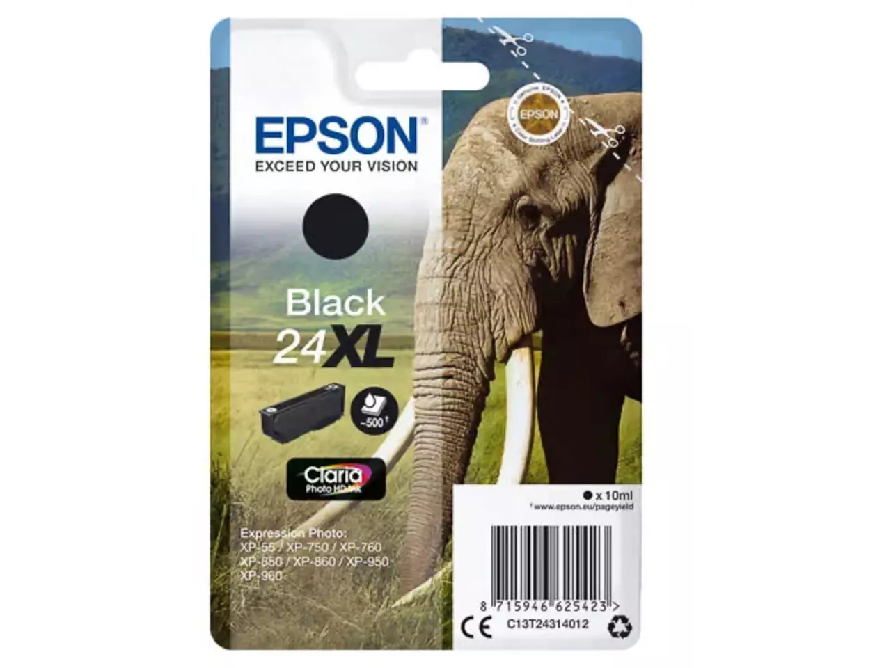 C13T24314012 Epson 24XL XP inkt zwart HC 500 pagina’s 10 ml De Epson Elephant 24XL zwarte inktcartridge levert scherpe, heldere afdrukken met een hoge opbrengst tot 500 pagina’s. Deze originele Epson