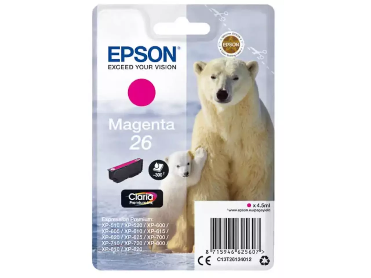 C13T26134012 Epson 26 XP inkt magenta, 300 pagina’s, 4,5 ml De Epson Polar bear 26 Ijsbeer Claria Premium magenta inktcartridge levert heldere, levendige afdrukken met een opbrengst tot 300 pagina’s.