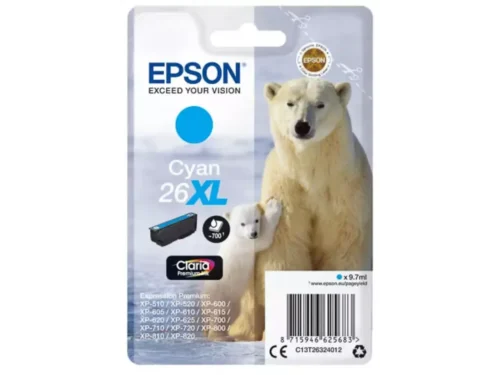 De Epson Polar bear 26XL Ijsbeer Claria Premium cyaan inktcartridge biedt een hoge opbrengst van 700 pagina’s en is ideaal
