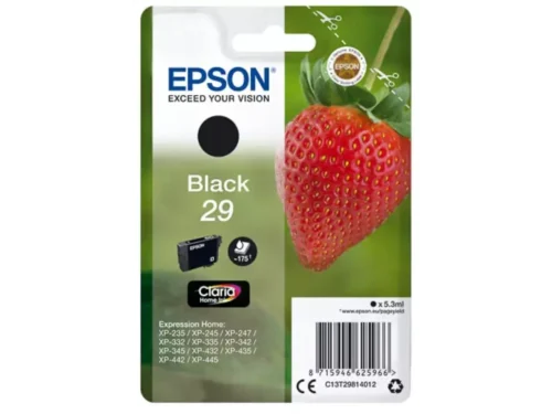 De Epson Strawberry Singlepack Black 29 Claria Home Ink levert heldere, duurzame afdrukken met zwarte pigmentinkt en een opbrengst tot