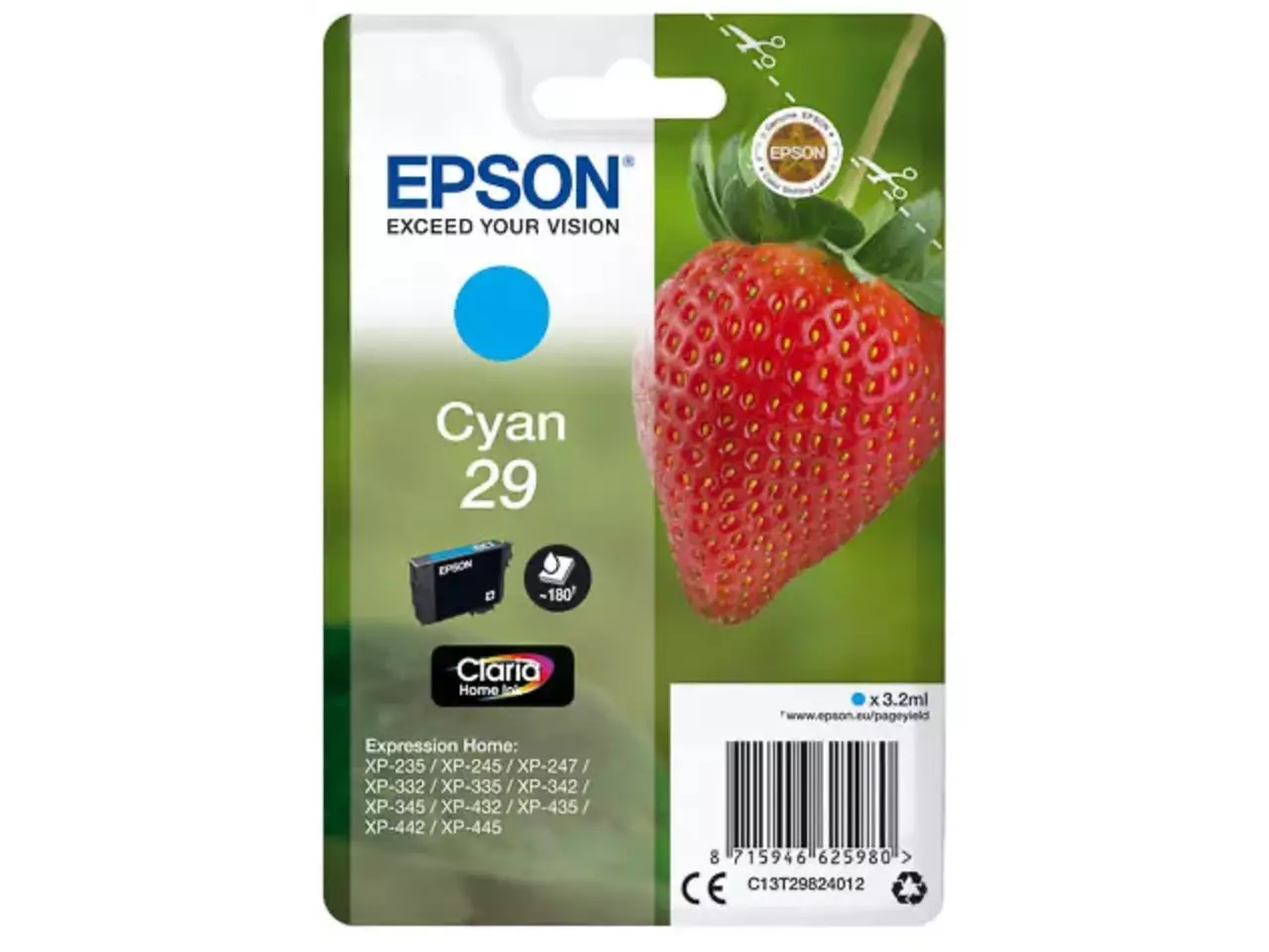 C13t29824012 Epson 29 XP inkt cyaan ST 180 pagina’s 3,2 ml De Epson Strawberry Singlepack Cyan 29 Claria Home Ink levert heldere cyaanprints met een normaal rendement van circa 180 pagina’s.