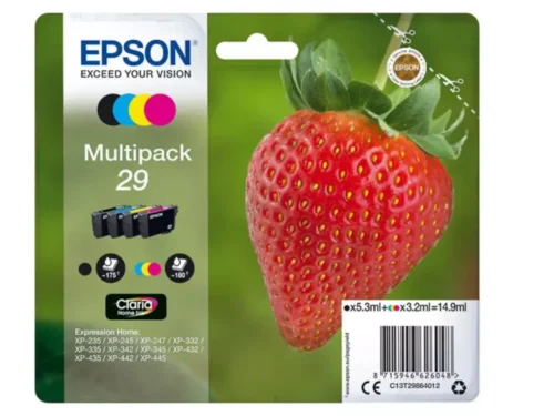 De Epson Strawberry Multipack 4-colours 29 Claria Home Ink is een betrouwbare en praktische inktset voor thuisprinten, met zwart, cyaan,