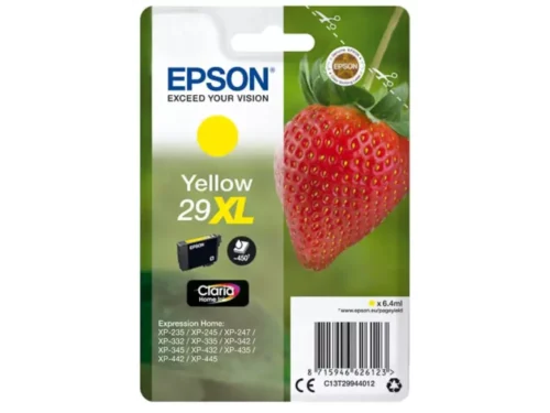 De Epson Strawberry Singlepack Yellow 29XL Claria Home Ink is een handige geel-inktcassette met hoge opbrengst, goed voor tot 450