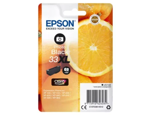 De Epson Oranges 33XL Claria Premium fotozwarte inktcartridge levert scherpe, diepe zwarttinten en is ideaal voor heldere afdrukken met uw