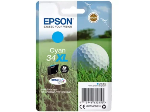De Epson 34XL Golfbal DURABrite Ultra afzonderlijke cyaan inkt biedt een hoge opbrengst van 950 pagina’s en is ideaal voor