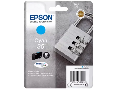 De Epson Padlock 35 Hangslot DURABrite Ultra cyaan inktcartridge levert heldere afdrukken en gaat tot 650 pagina’s mee. Deze enkele