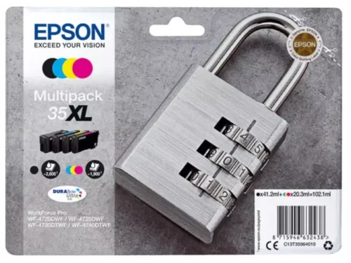 De Epson Padlock 35XL DURABrite Ultra multipack biedt scherpe, duurzame afdrukken in zwart, cyaan, magenta en geel, ideaal voor thuis-