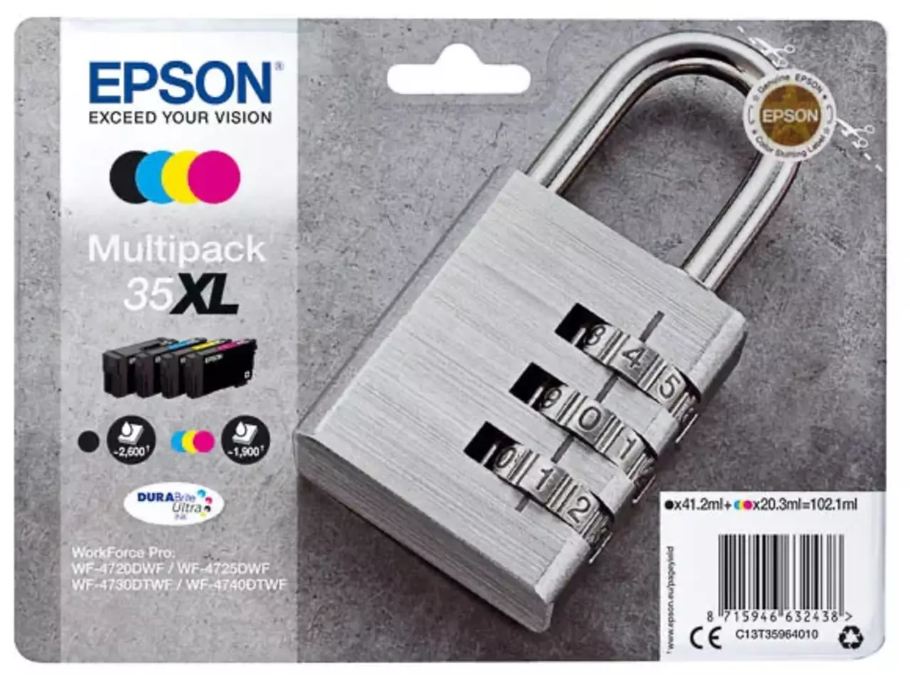 C13T35964010 Epson WF inkt 4-pack cmyk hc, 2600 pagina’s De Epson Padlock 35XL DURABrite Ultra multipack biedt scherpe, duurzame afdrukken in zwart, cyaan, magenta en geel, ideaal voor thuis-