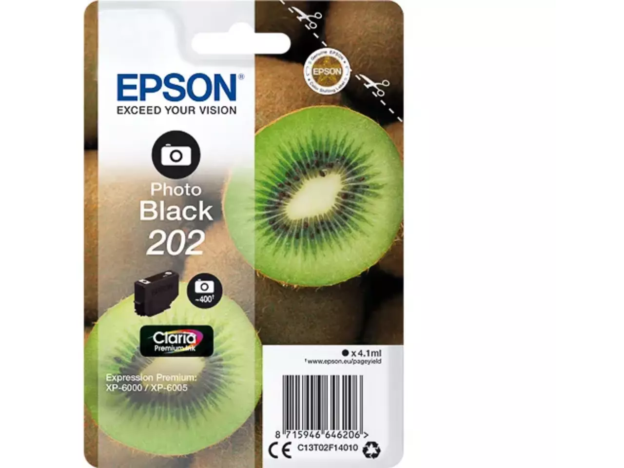 C13T02F14010 Epson XP foto-inkt foto zwart Claria Premium 400 foto’s De Epson Kiwi Singlepack Photo Black 202 Claria Premium Ink levert scherpe, diepe zwarttinten voor heldere fotoprints en consistente resultaten.