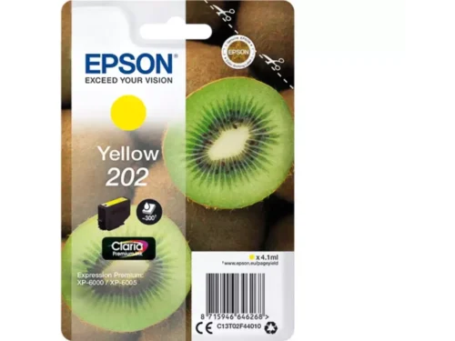 De Epson Kiwi Singlepack Yellow 202 Claria Premium Ink levert heldere gele afdrukken met pigmentinkt en een opbrengst tot 300