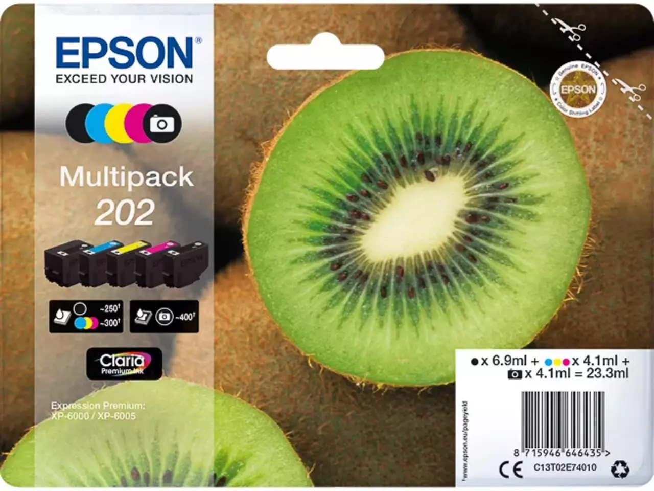 C13T02E74010 Epson XP inkt: 5 kleuren voor scherpe afdrukken De Epson Kiwi Multipack 5-colours 202 Claria Premium Ink biedt scherpe afdrukken met levendige kleuren en diep zwart, ideaal voor