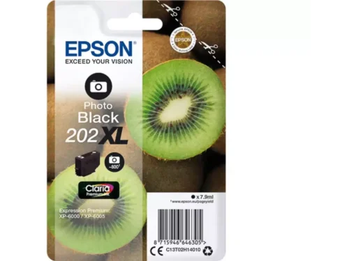 De Epson Kiwi Singlepack Photo Black 202XL Claria Premium Ink levert scherpe, diepe zwarttinten en is ideaal voor hoogwaardige fotoprints.