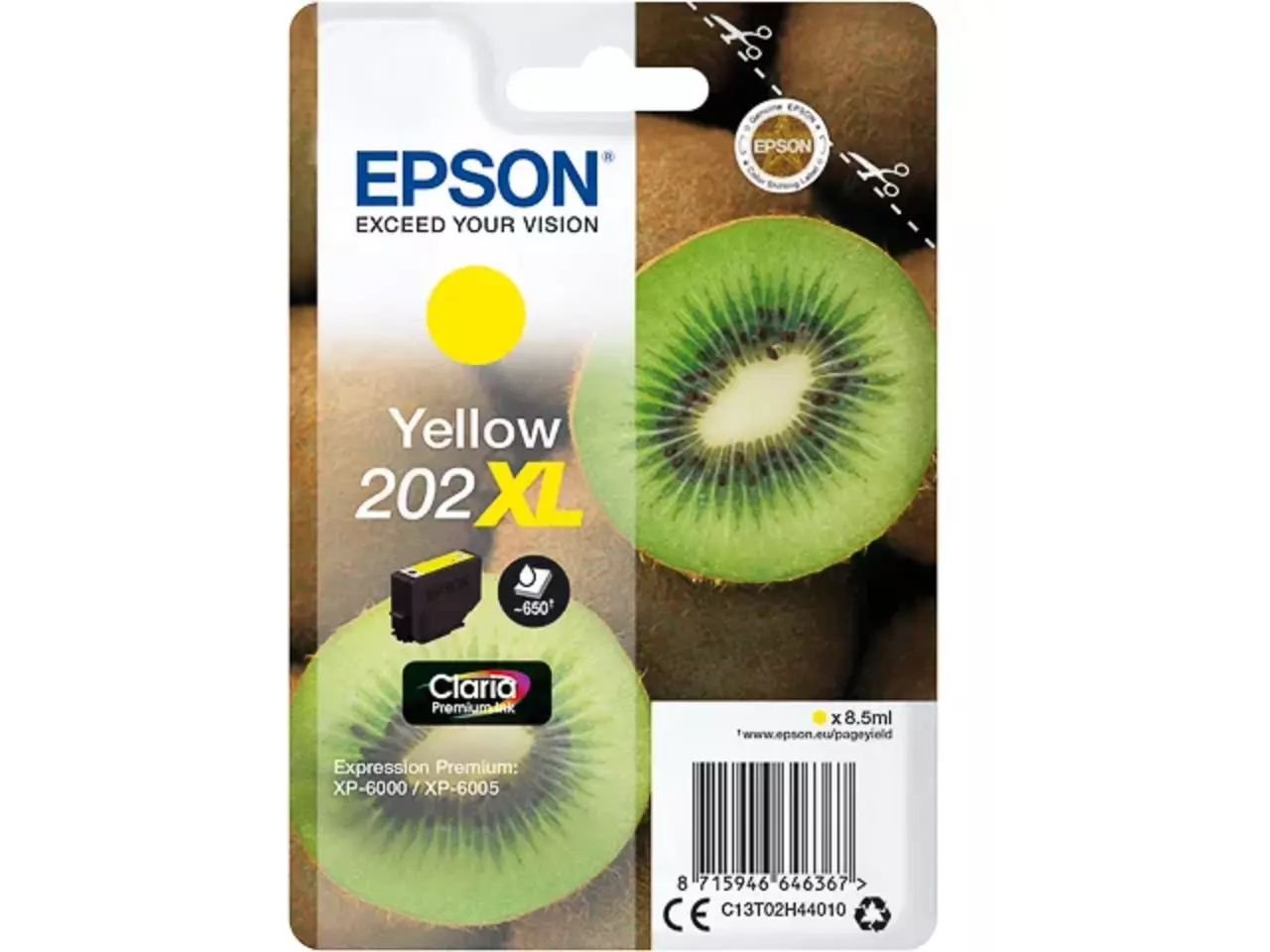 C13T02H44010 Epson XP inkt geel HC 650 pagina’s 8,5 ml De Epson Kiwi Singlepack Yellow 202XL Claria Premium Ink levert heldere gele afdrukken met een hoge opbrengst tot 650 pagina’s.