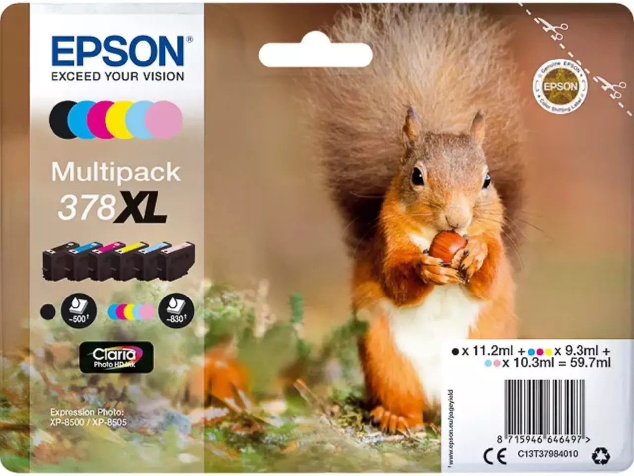 C13T37984010 Epson 378xl xp inkt: cmyk lc/lm hc 500/830 pagina’s De Epson Squirrel 378XL Eekhoorn Claria Photo HD multipack zeskleureninkt levert haarscherpe afdrukken met levendige kleuren en een hoge opbrengst.